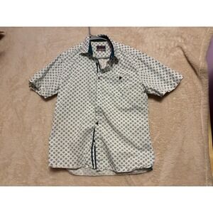 LON NYC Mens Short Sleeve Button Up Shirt White Blue Floral Print Size L